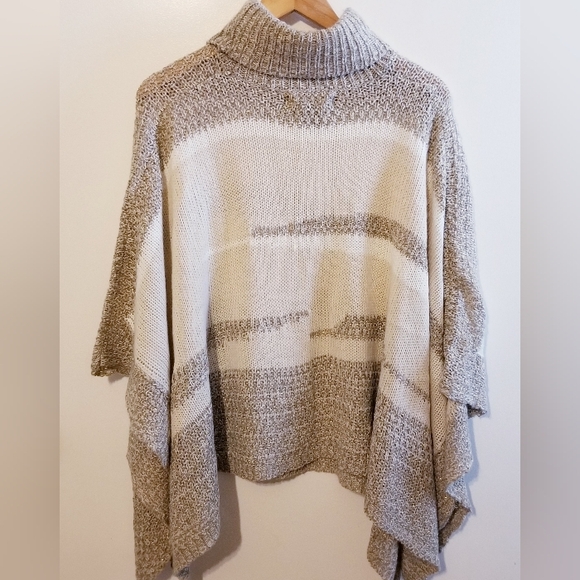 Midnight Velvet Beige White Turtleneck Waffle Knit Shawl Poncho Wrap One Size - Picture 4 of 8